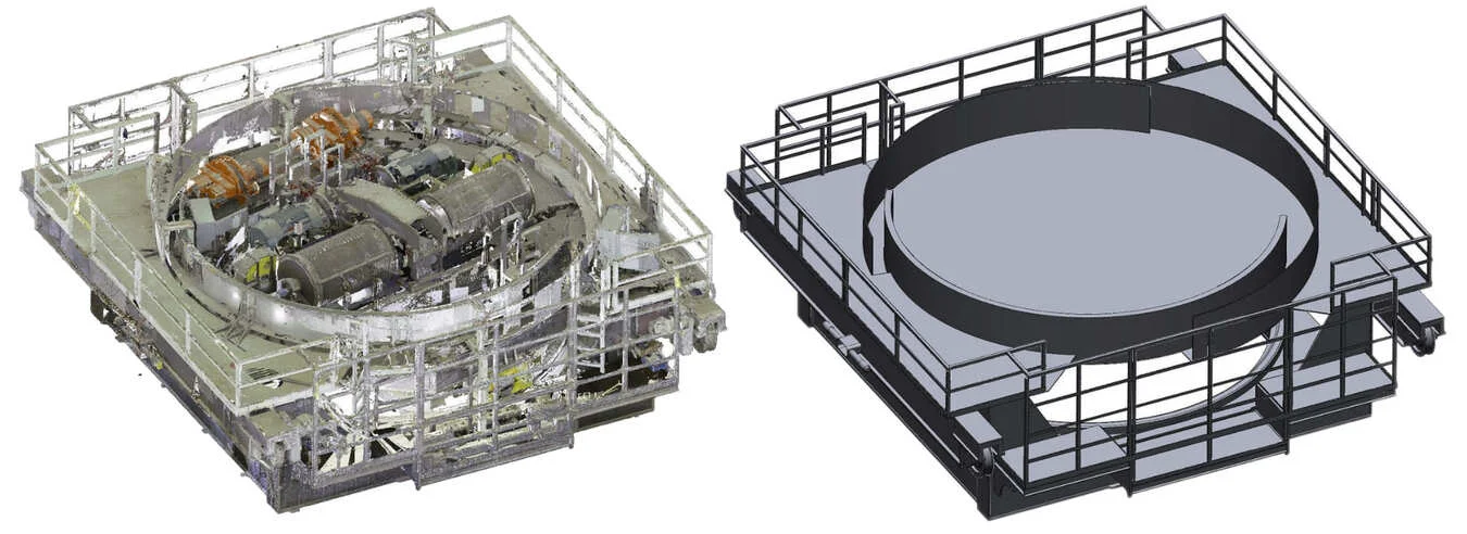 The digital twin creation process, showing a 3D scan point cloud of a large industrial platform and its final as-built CAD model for a revamp project.