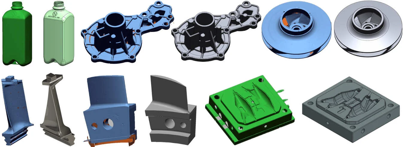 Examples of 3D scanning for quality control and reverse engineering, including a plastic bottle, automotive part, impeller, turbine blade, and injection mould.