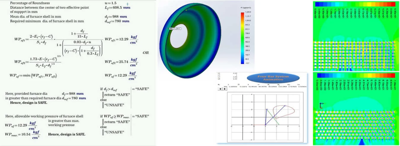 A collage of engineering simulation services, including FEA stress analysis on a plate, CFD results, and custom calculation automation spreadsheets.