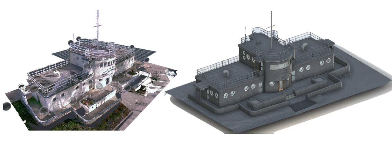 A 3D laser scan point cloud and the resulting as-built BIM model of a marine vessel's superstructure for retrofit planning.
