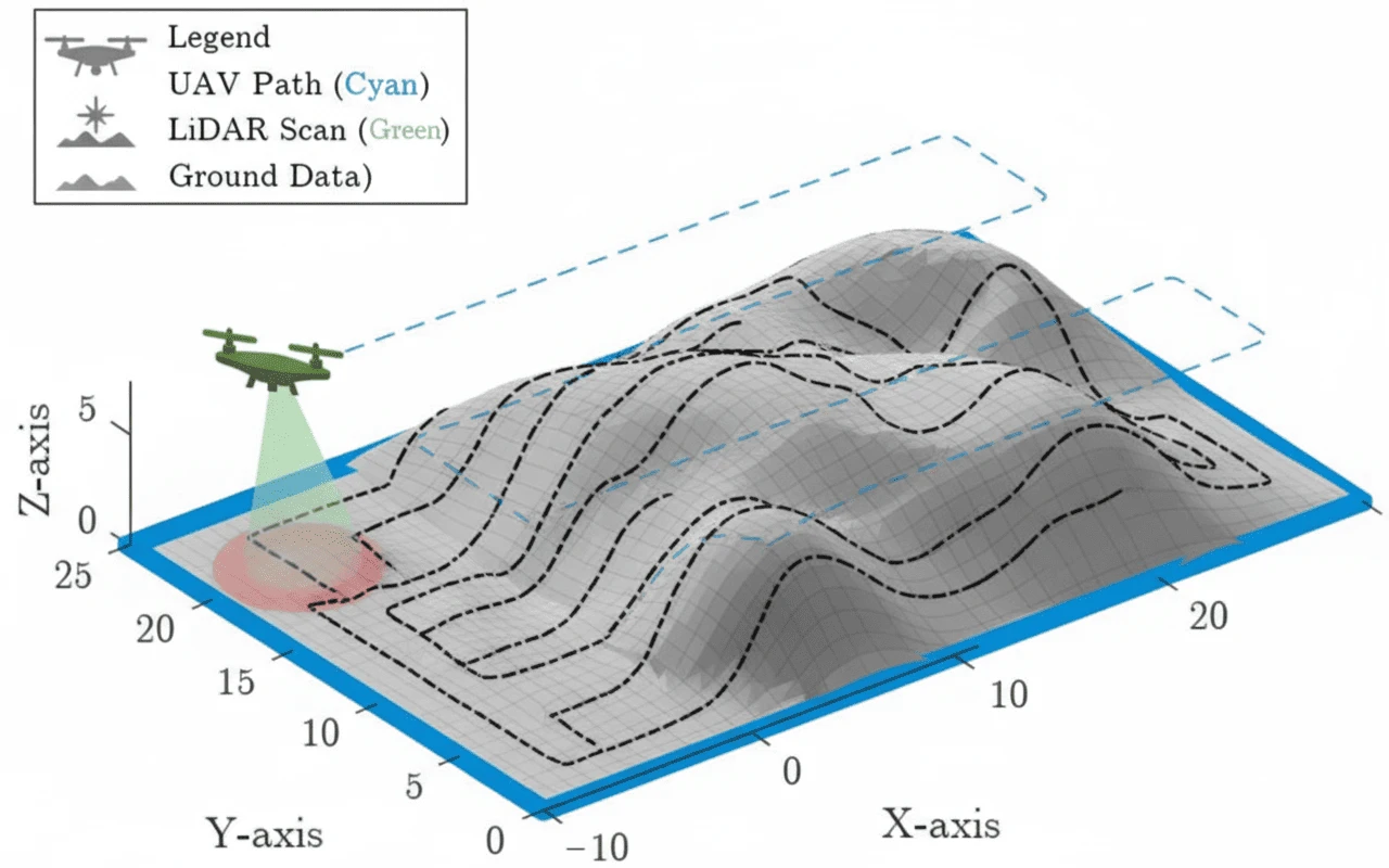 3D terrain visualization of UAV LiDAR scan displaying drone flight path and ground surface data.