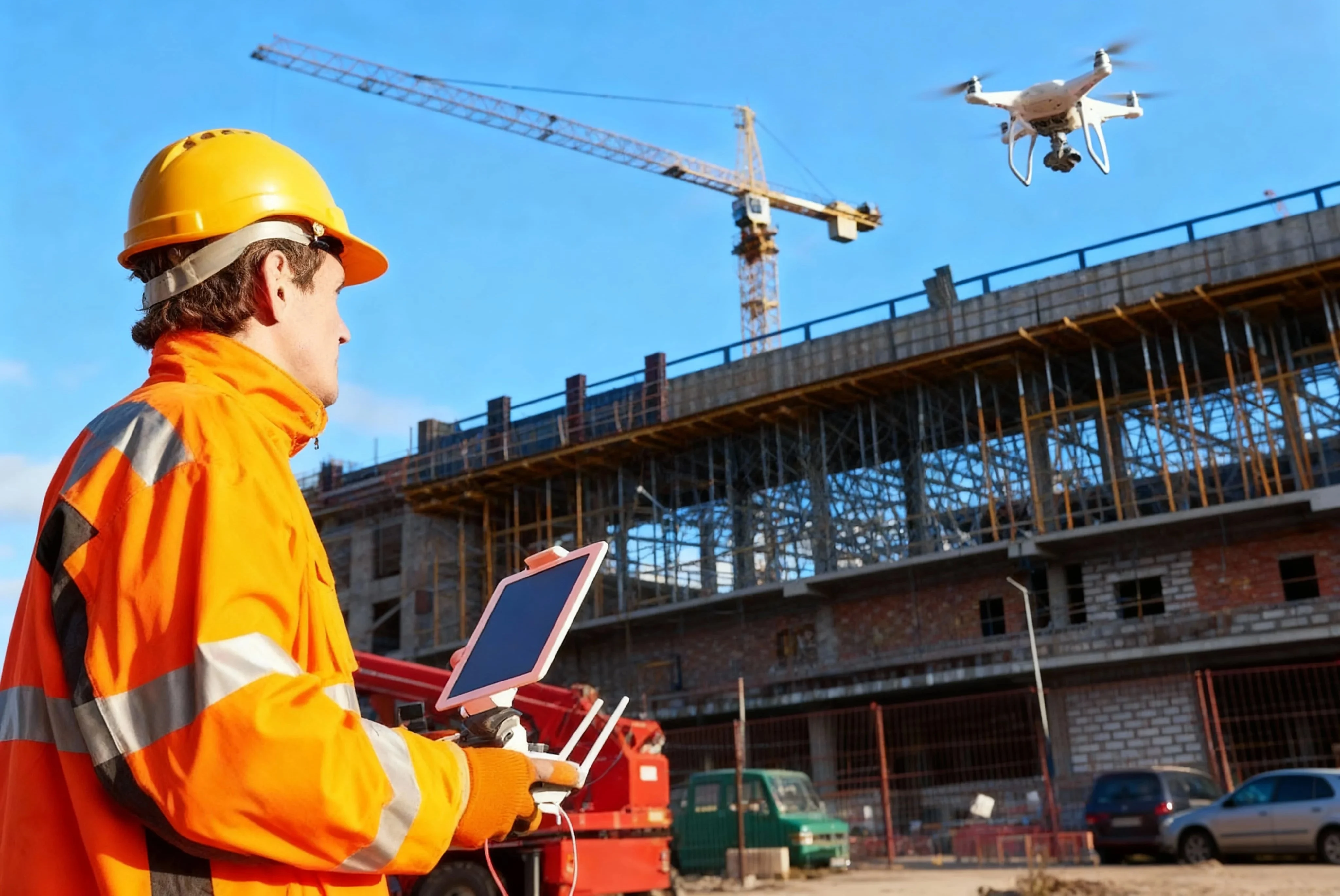 Construction worker operating a drone with a tablet for aerial surveying near a building site with a crane.