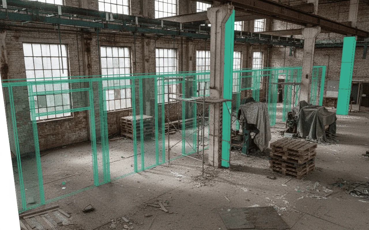 A 3D scan point cloud of a construction site being compared to a BIM model on a tablet.